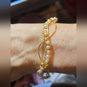 HAND CRAFTED gold wave bracelet w/ faux pearls: elegant artisan handmade jewelry
